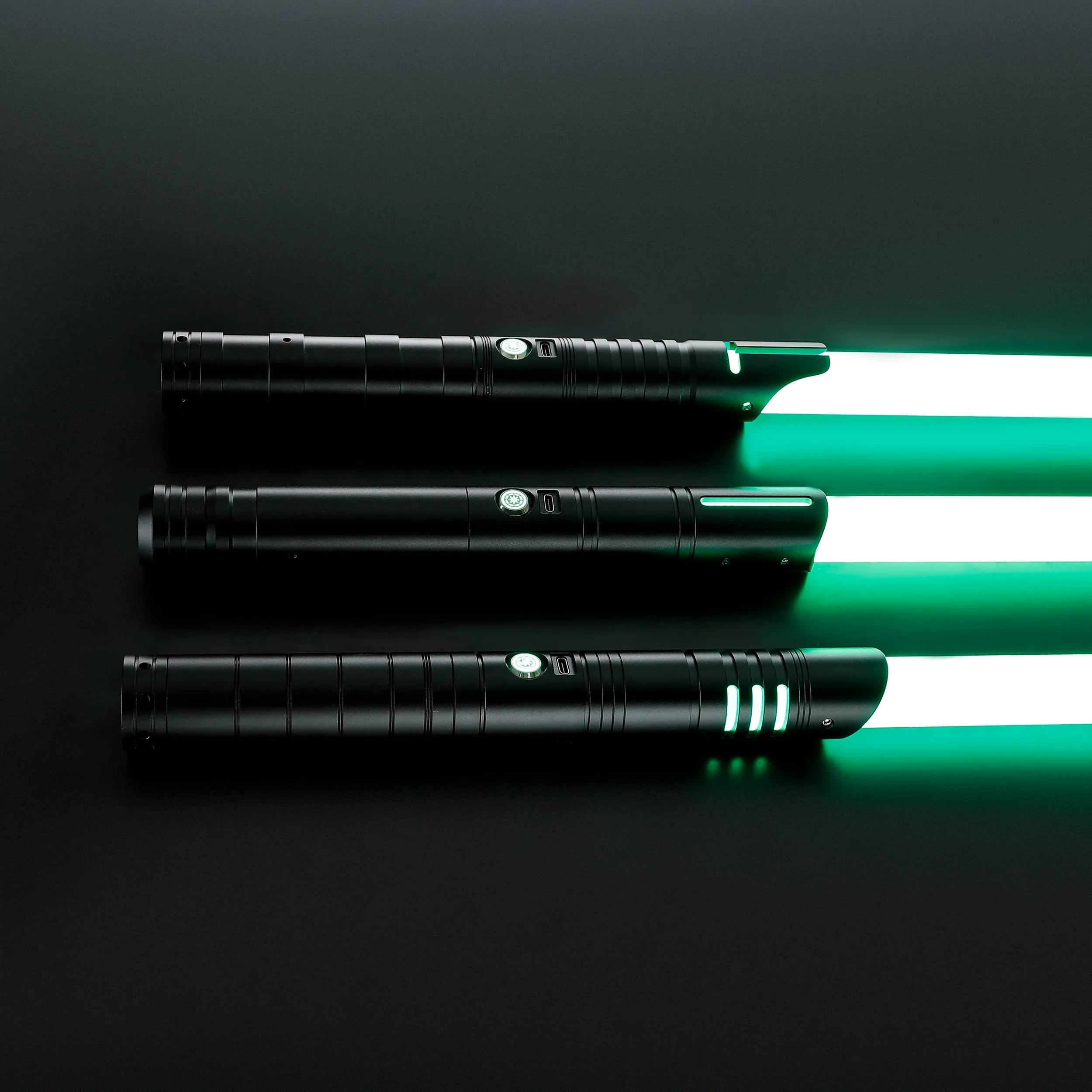 Three black T6 Aluminum Alloy sabers with glowing green blades, designed for heavy dueling.