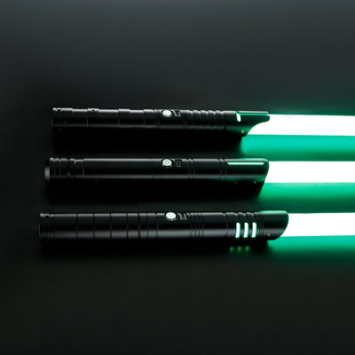 Three black T6 Aluminum Alloy sabers with glowing green blades, designed for heavy dueling.