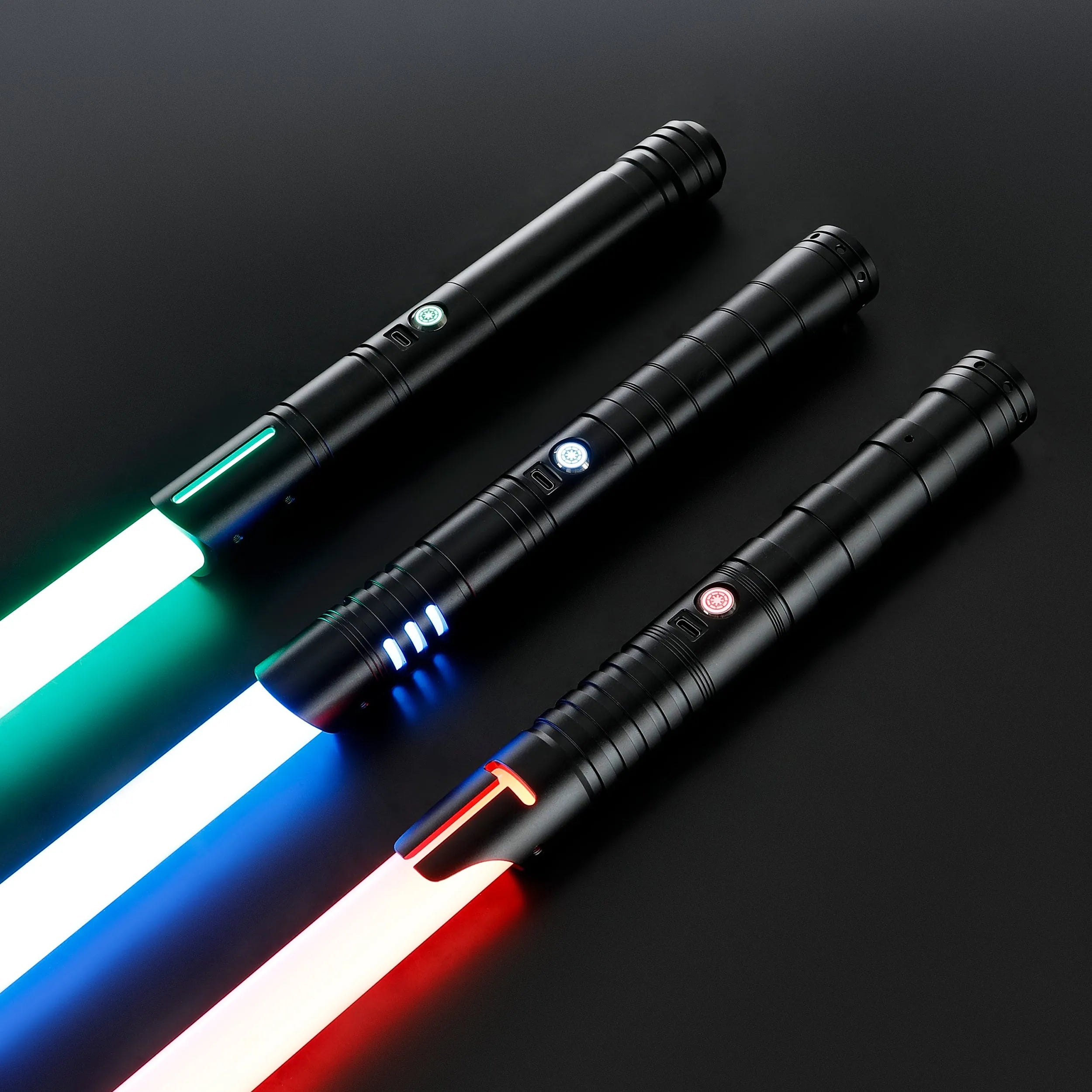 Three black T6 aluminum alloy dueling sabers with green, blue, and red glowing blades.