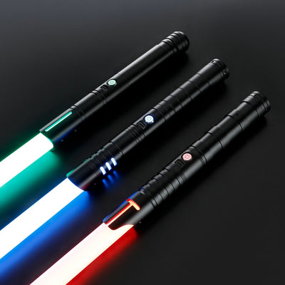 Three black T6 aluminum alloy dueling sabers with green, blue, and red glowing blades.