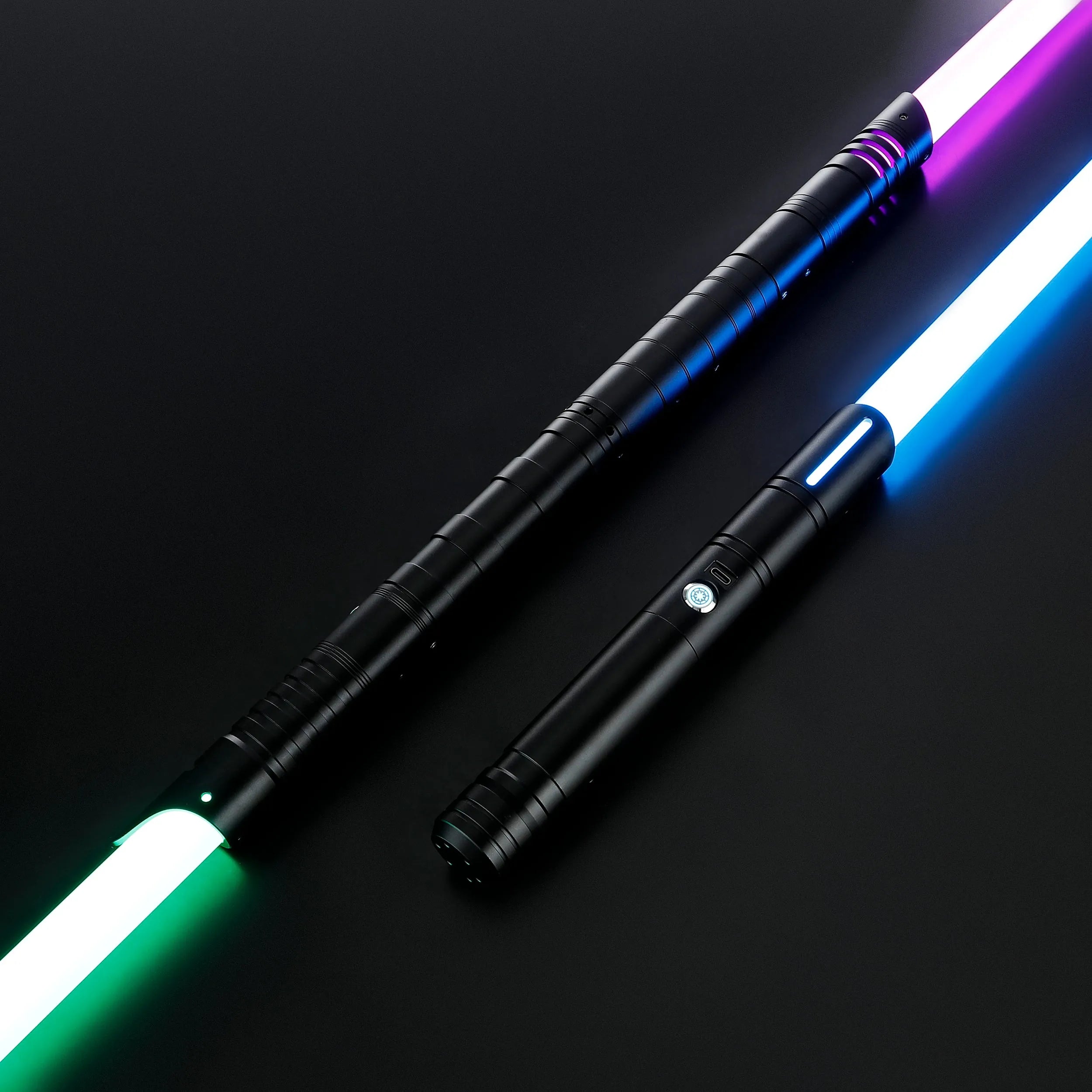 Three black T6 aluminum alloy dueling sabers with glowing green, purple, and blue blades.