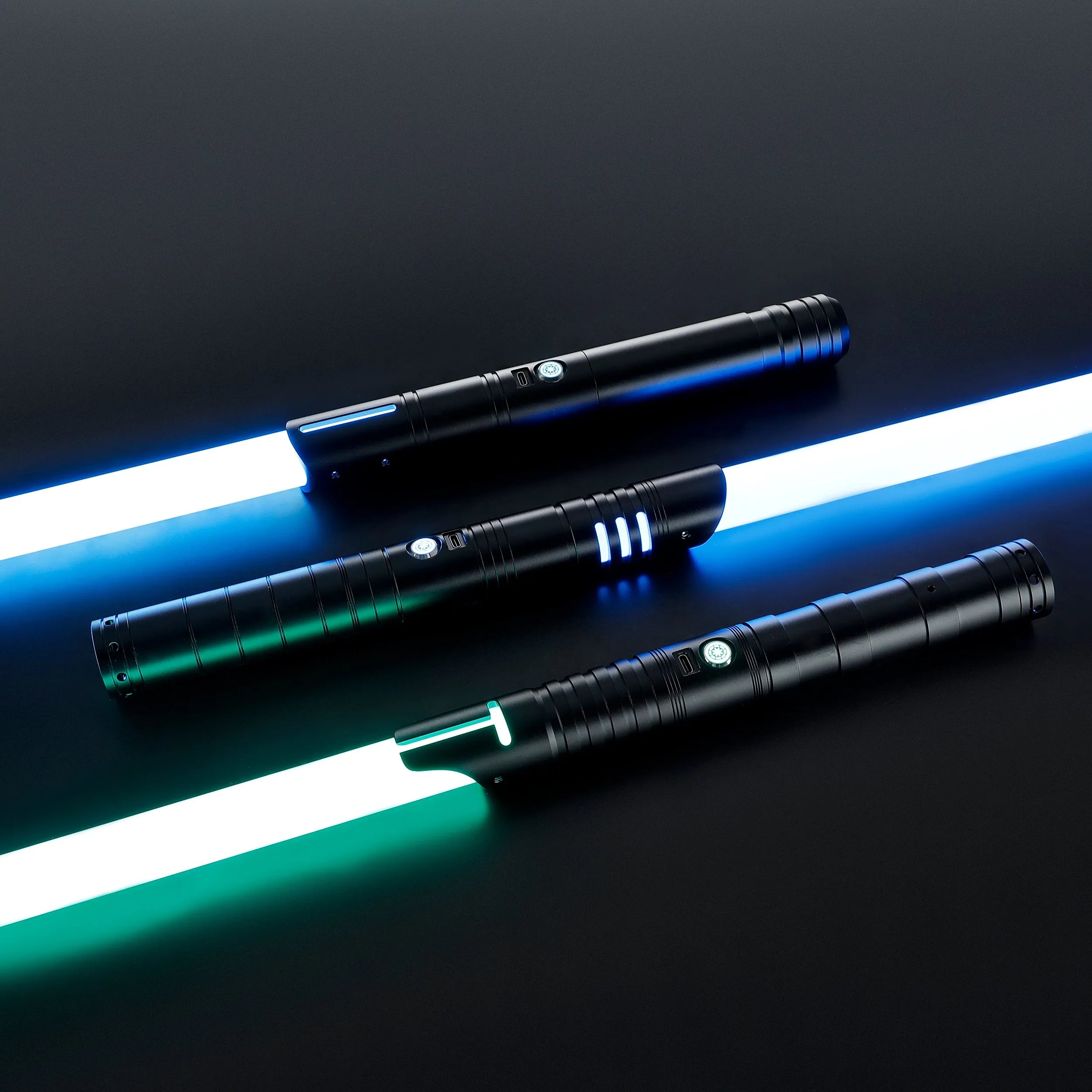 Three black T6 aluminum alloy dueling sabers with glowing blue, white, and green blades.