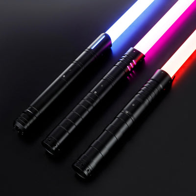 Three black T6 Aluminum Alloy dueling sabers with glowing white, blue, and red blades.