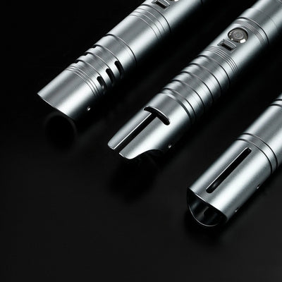 Three silver T6 aluminum alloy dueling saber hilts: Defender, Hunter, and Enforcer 2, on a black background.