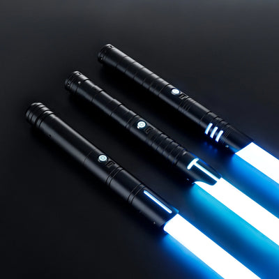 Three black T6 aluminum alloy sabers with glowing blue blades, ready for dueling.