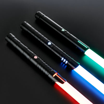 Three black T6 aluminum alloy dueling sabers with glowing red, blue, and green blades.