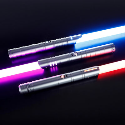 Three T6 aluminum alloy dueling sabers: Defender (blue), Hunter (purple), and Enforcer 2 (red), with 36" baselit blades.