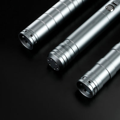 Three silver T6 aluminum alloy saber hilts, Defender, Hunter, and Enforcer 2, for heavy dueling.