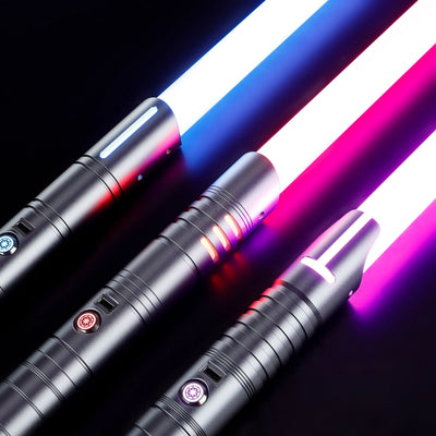 Three T6 aluminum alloy dueling sabers with glowing white, blue, and magenta blades.