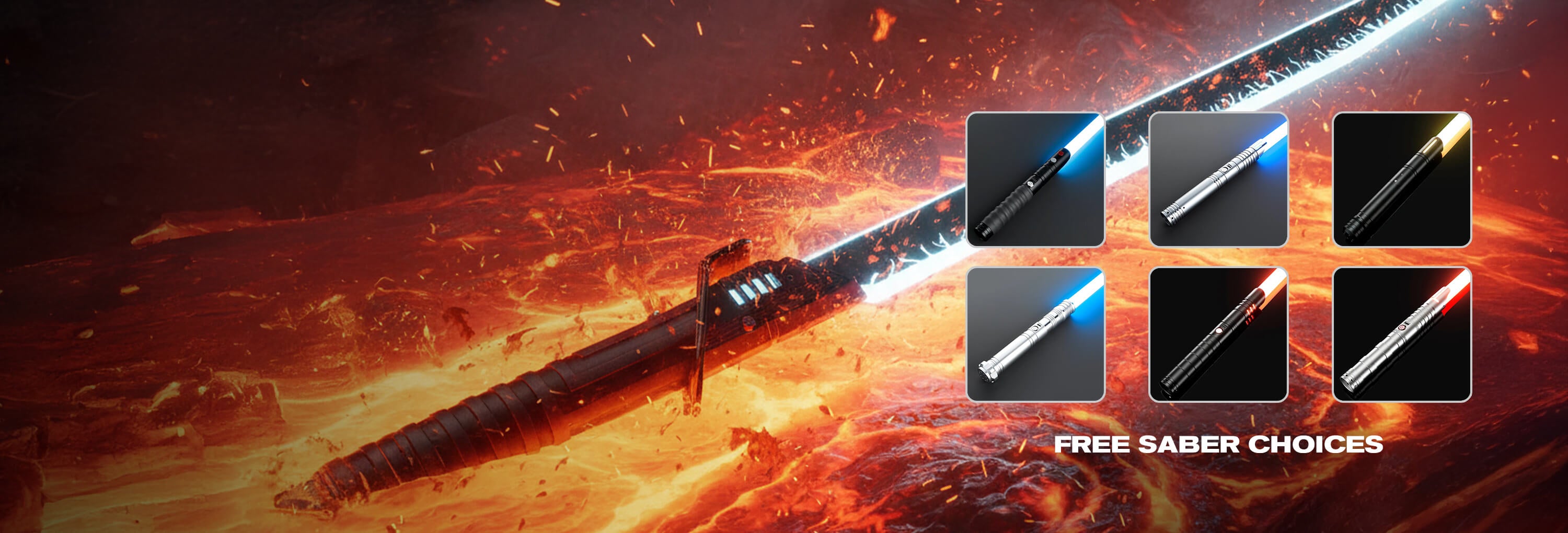 Header image for SabersPro buy one get one lightsaber collection. You can see a ignited Dark Saber in lava with six free saber choices.