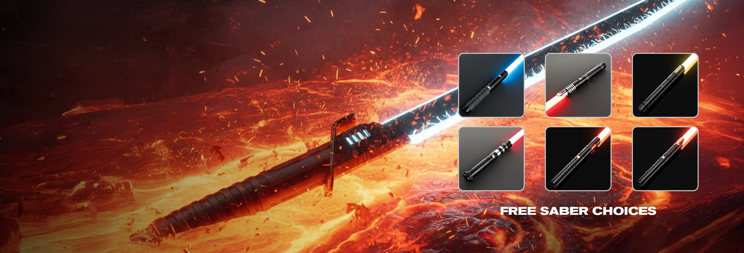 SabersPro buy one get one free lightsaber offer. Showing dark saber in lava as well as six free saber choices.