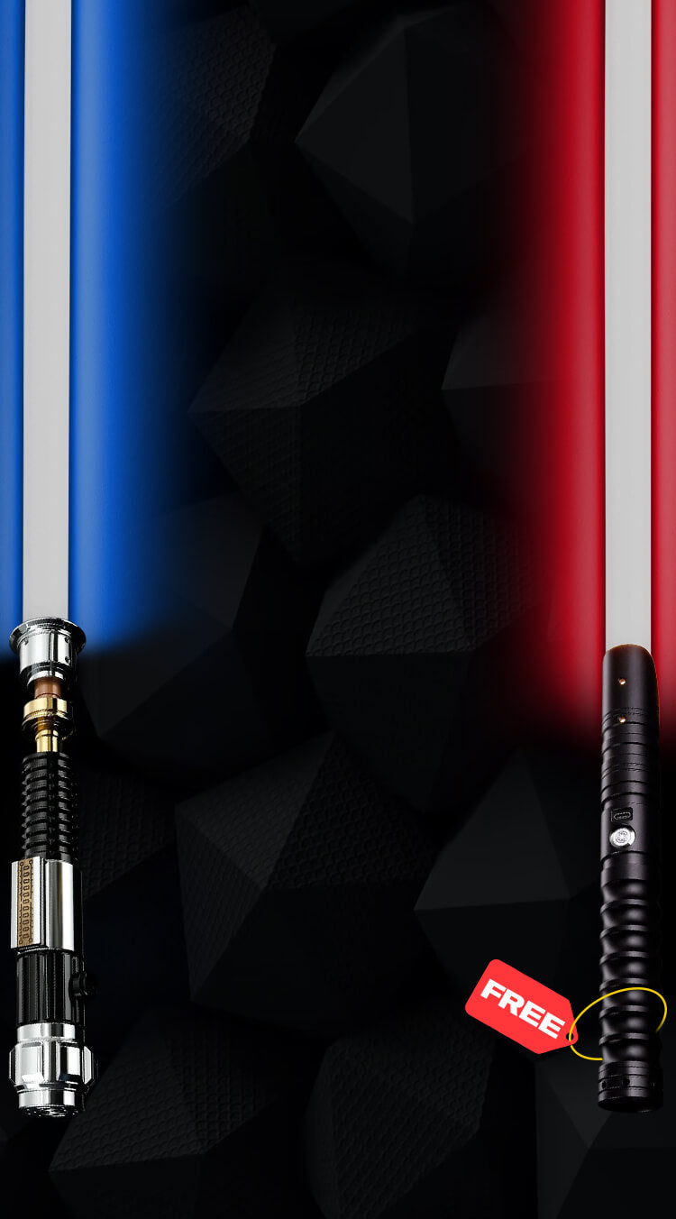 Header image for SabersPro buy one get one lightsaber collection. Showing an example of a saber your can buy and a free saber you can earn.