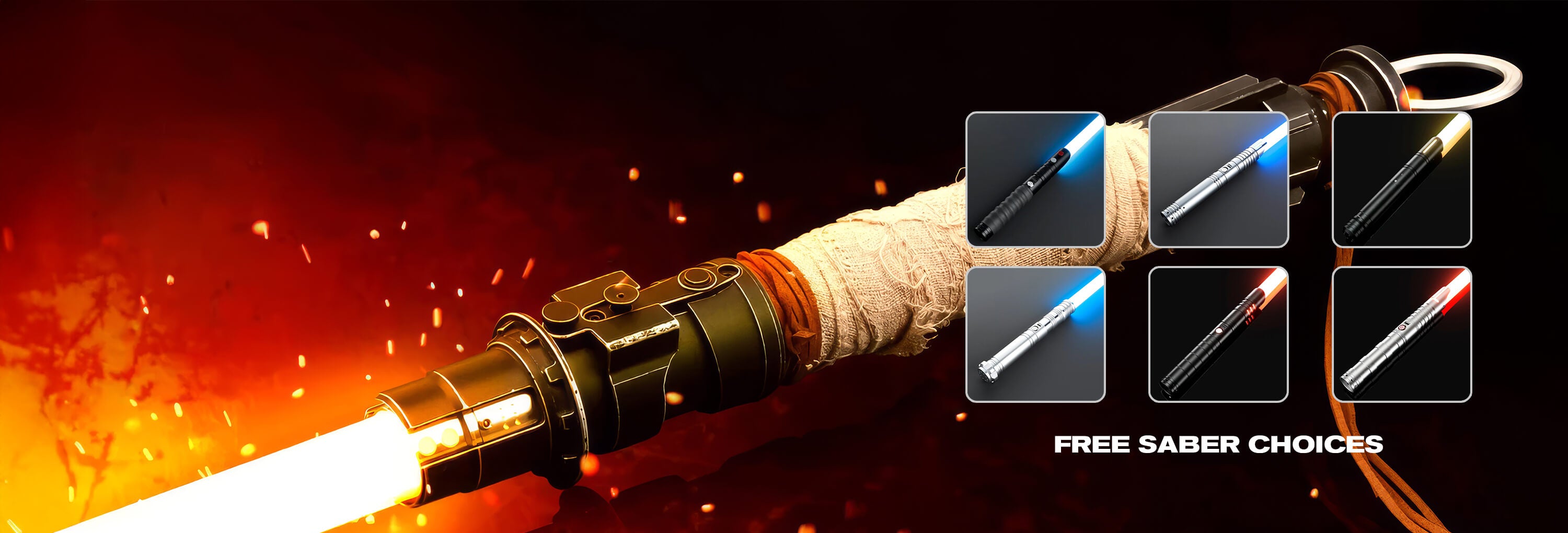 Header image for SabersPro buy one get two lightsabers collection. You can see a ignited Boone Kestis saber with six free saber choices.