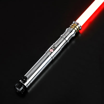 Heavy dueling screen replica of Darth Revan's lightsaber with a silver hilt, gold accents, and a red blade.