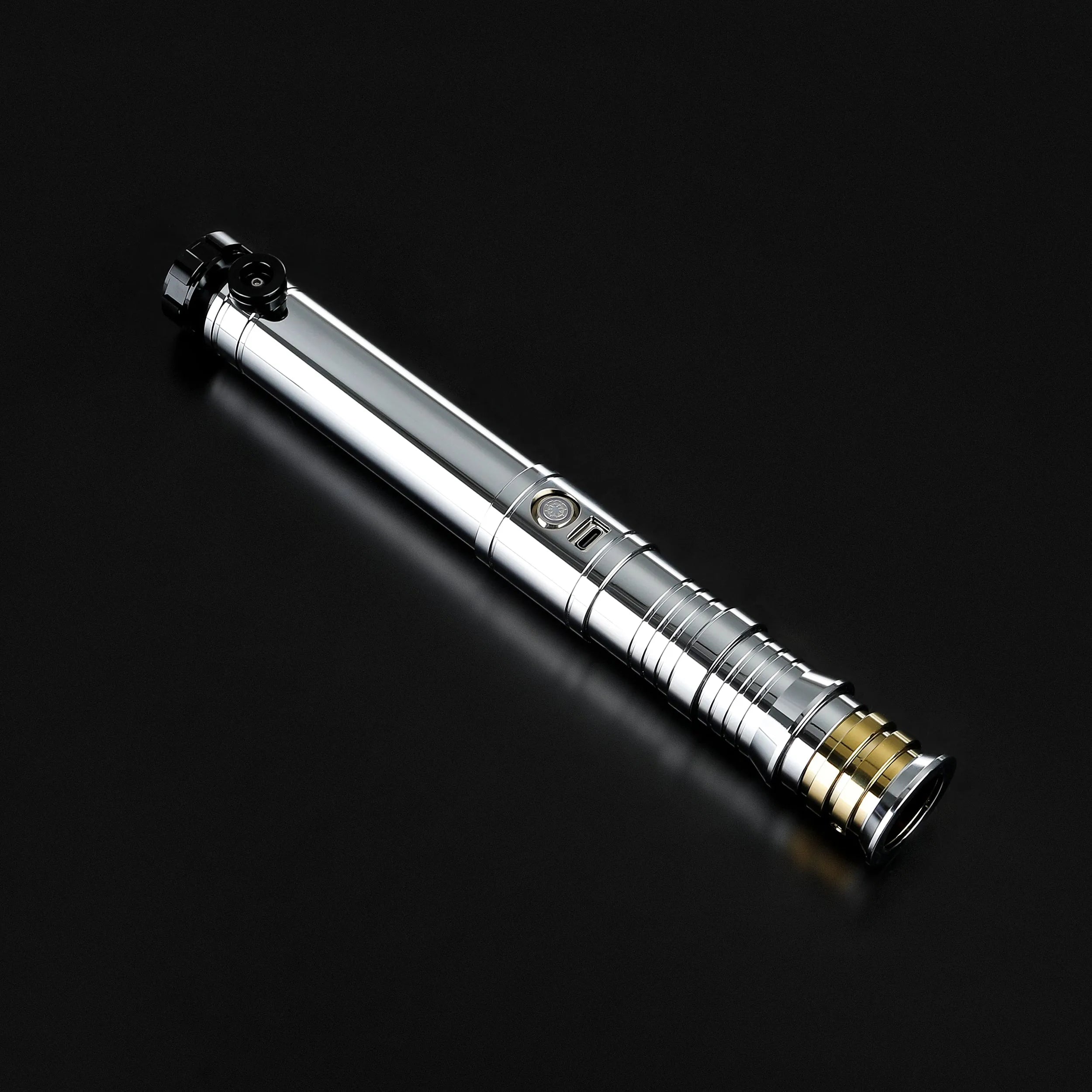 Heavy dueling Darth Revan lightsaber replica with a polished chrome hilt, black accents, and a gold pommel.