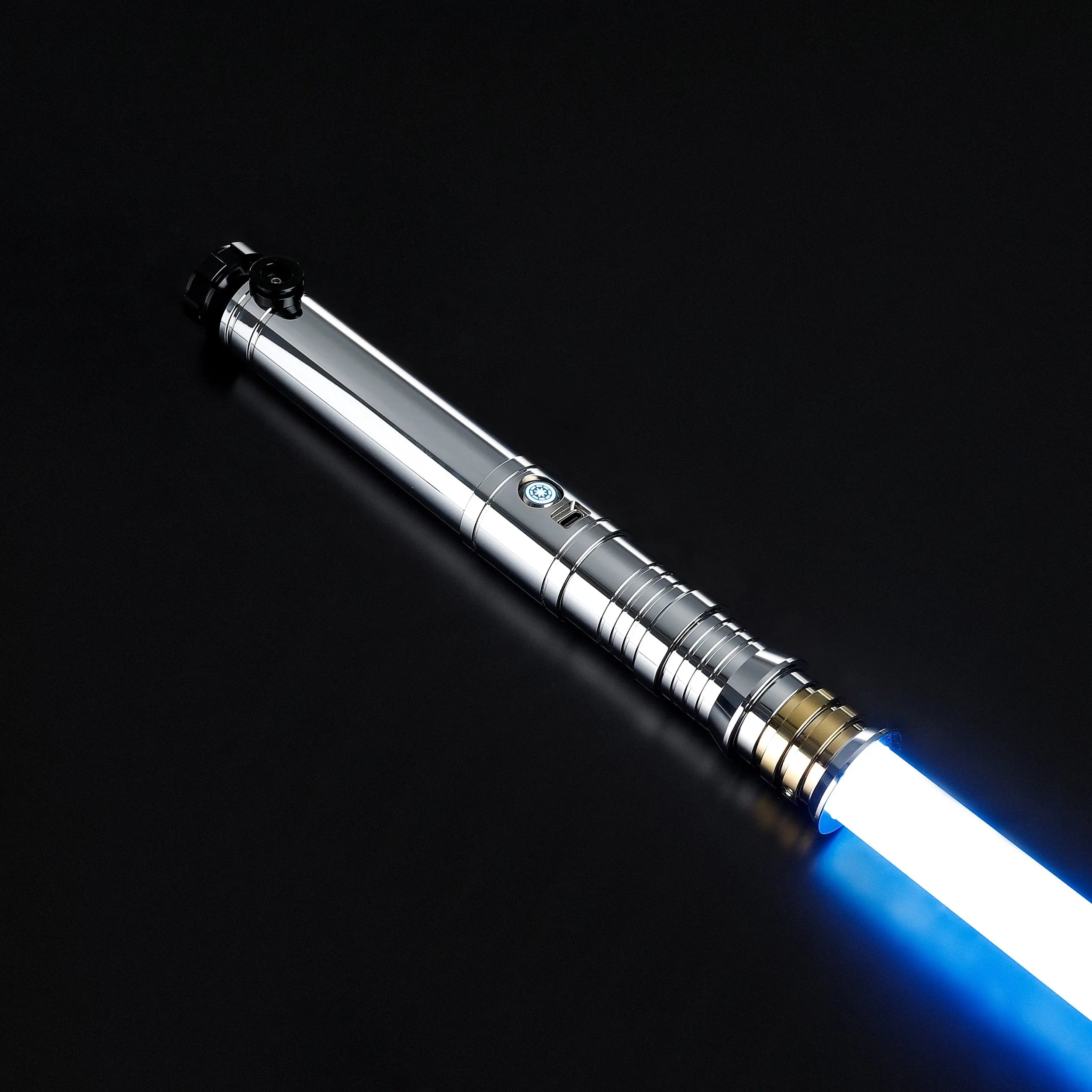 Heavy dueling screen replica of Darth Revan lightsaber with a chrome hilt, black accents, and a glowing blue blade.
