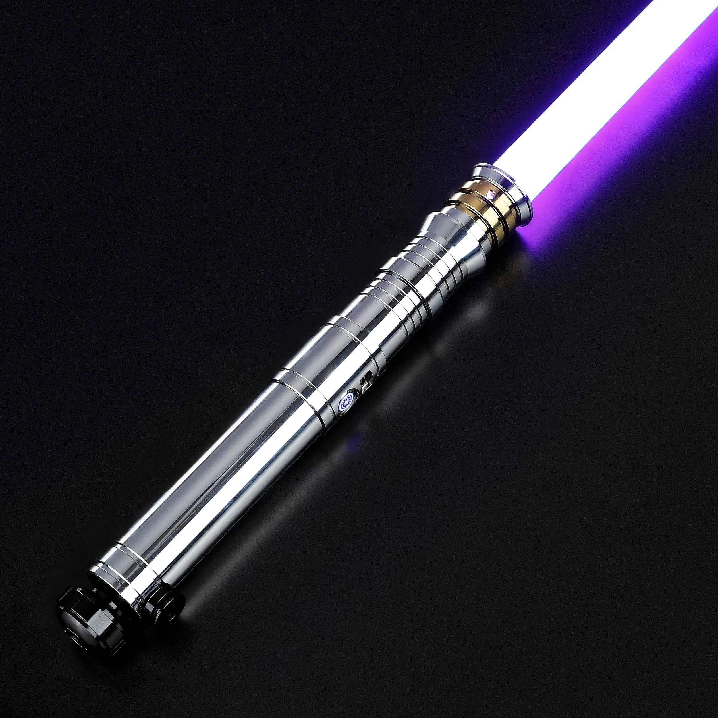 Chrome-plated Darth Revan lightsaber replica with a glowing purple blade, gold accents, and a black pommel.
