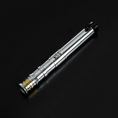 Heavy dueling screen replica of Darth Revan's lightsaber, featuring a polished silver hilt with black and gold accents.