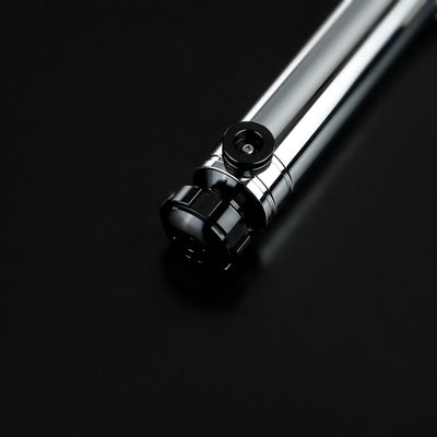 Heavy dueling Darth Revan lightsaber hilt, chrome and black metal, with a detailed, screen-accurate design.