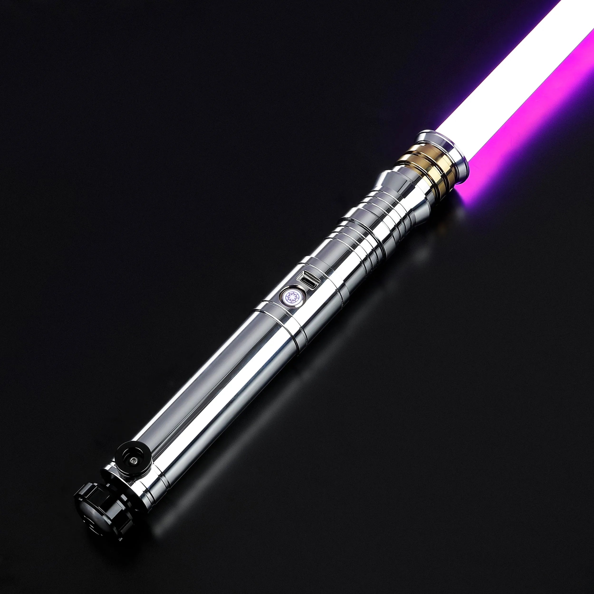 Heavy dueling Darth Revan lightsaber replica with a silver hilt, gold accents, and a vibrant purple blade.