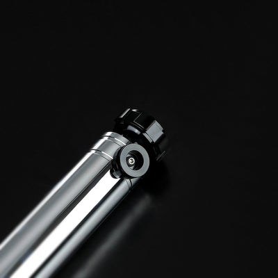 Sleek silver and black heavy dueling Darth Revan lightsaber hilt with a detailed, screen-accurate design.