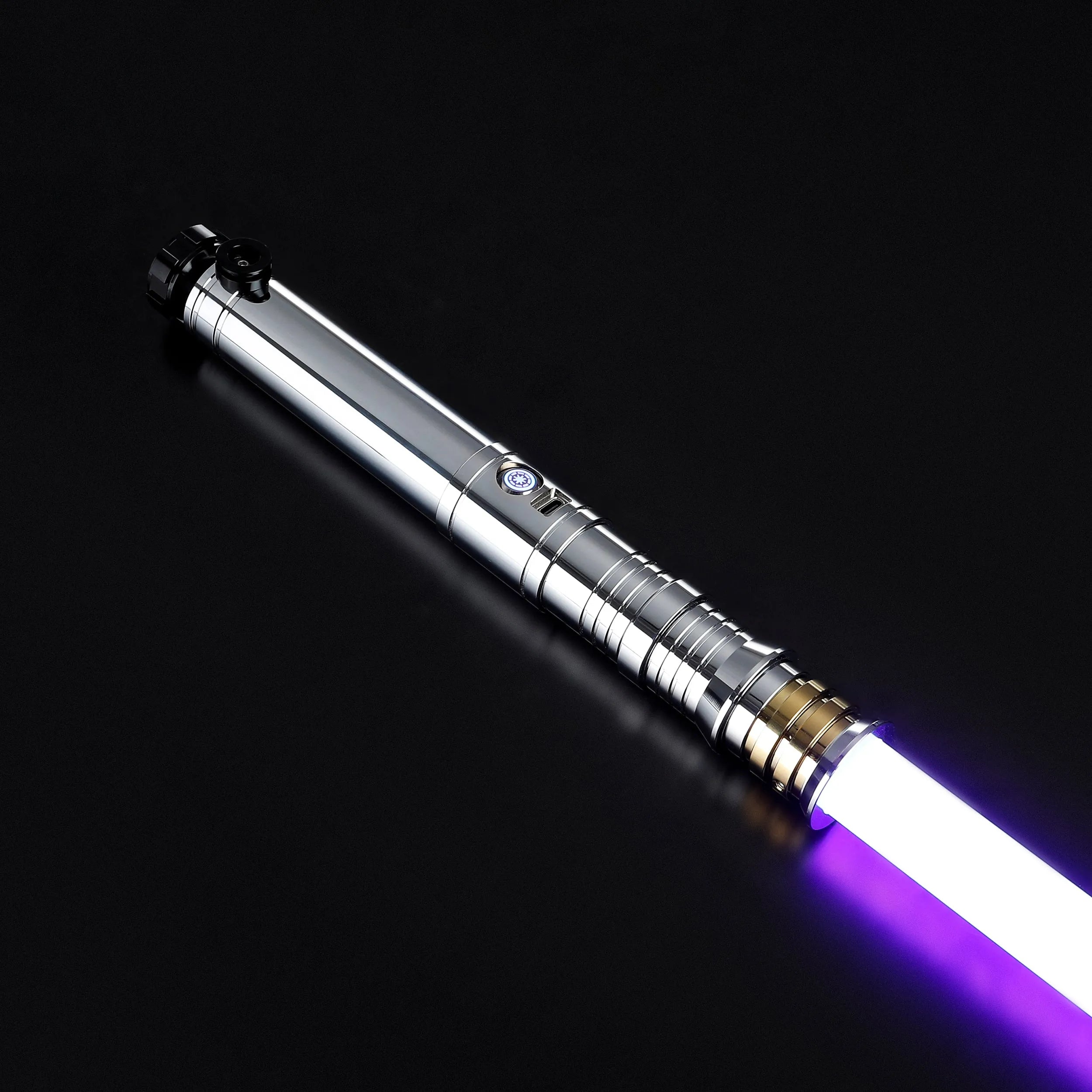 Heavy dueling Darth Revan lightsaber replica with a polished chrome hilt, black accents, and a glowing purple blade.