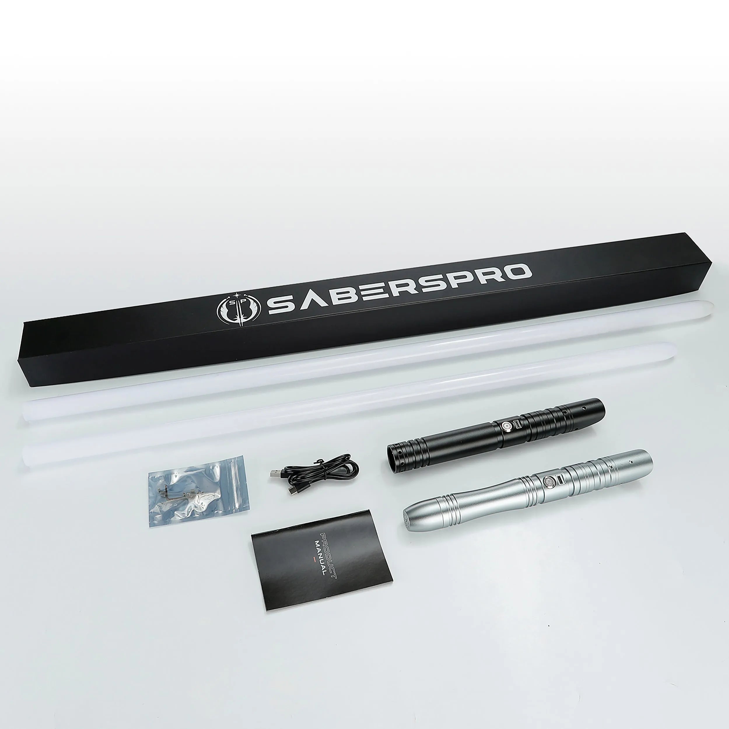 Father & Son Saber Bundle: black and silver aluminum hilts, two clear blades, charging cable, manual, and tools.