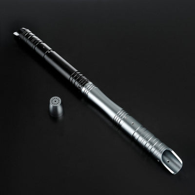 Sleek black and silver aluminum alloy saber hilt with a speaker cap, ready for a baselit blade.