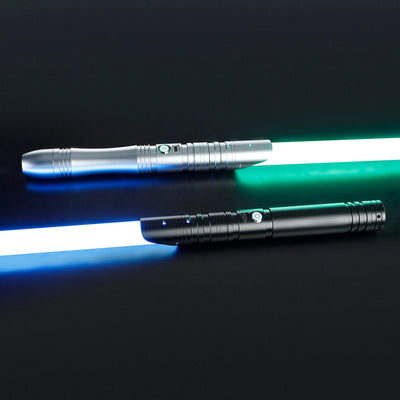 Two illuminated sabers: a silver hilt with a green blade and a black hilt with a blue blade.