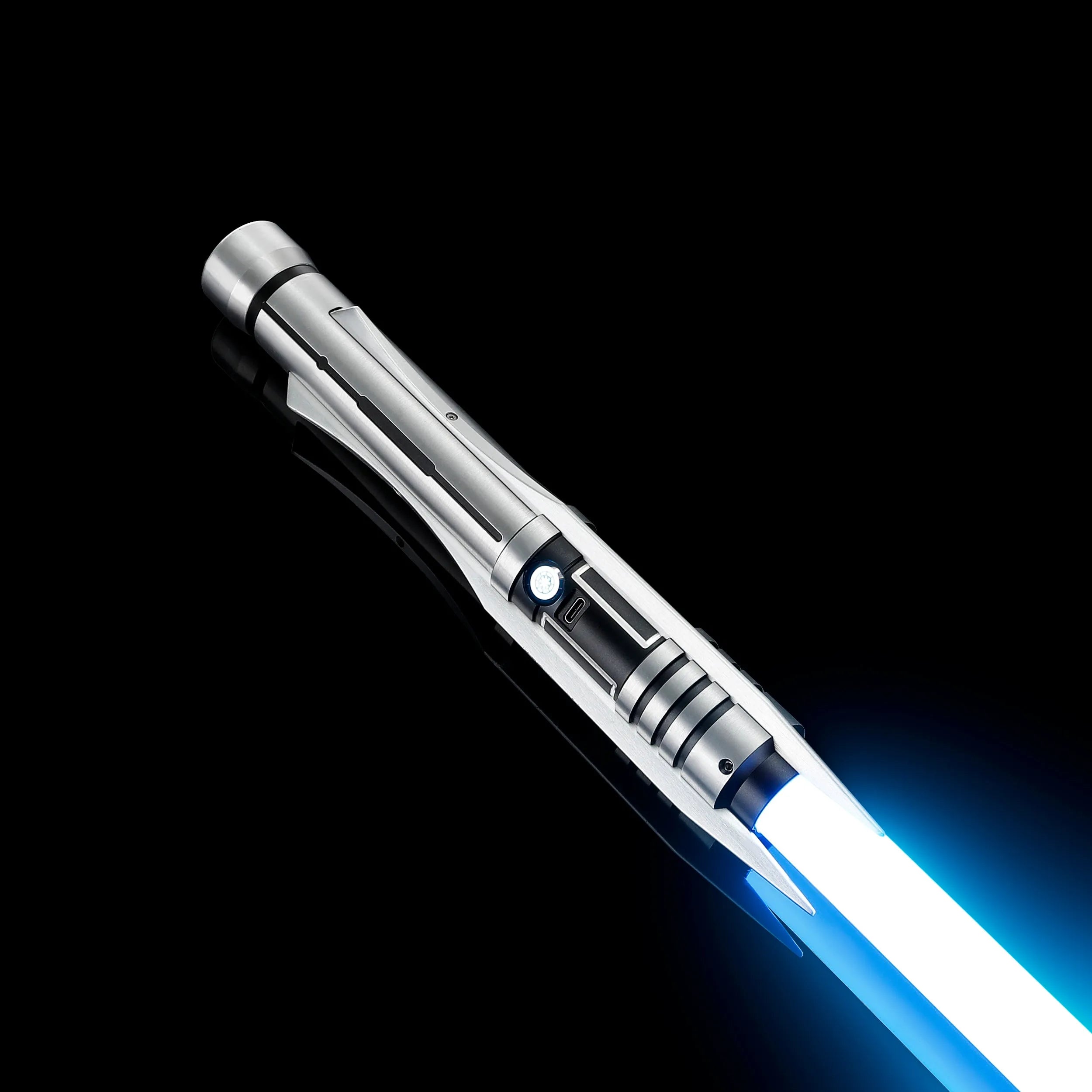 Screen-accurate Jedi Revan saber with grooved T6 Aircraft Aluminum hilt, winged accents, and glowing blue blade.