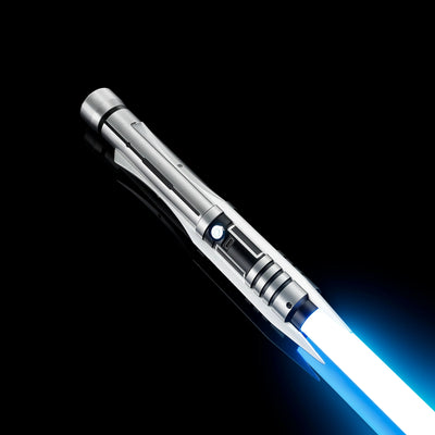 Screen-accurate Jedi Revan saber with grooved T6 Aircraft Aluminum hilt, winged accents, and glowing blue blade.