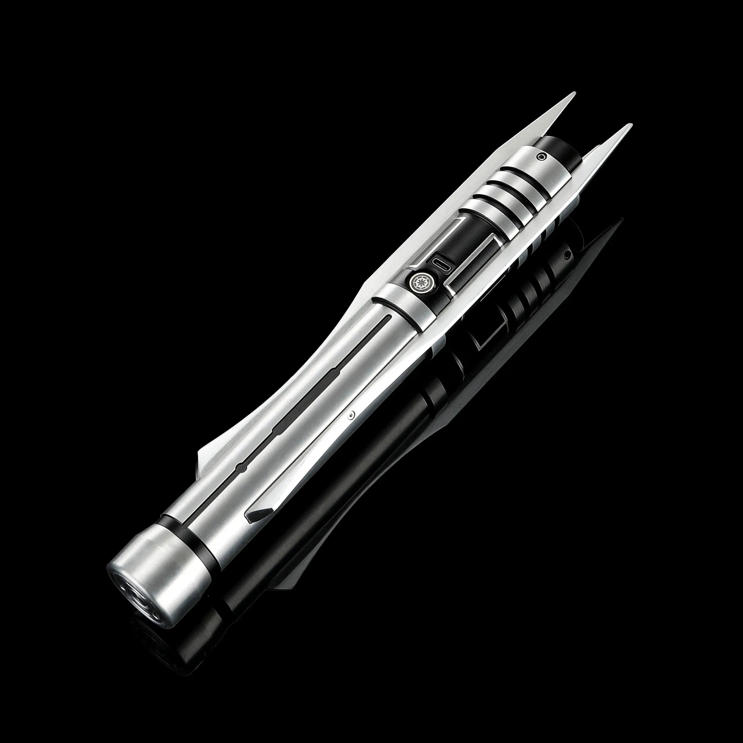 Screen-accurate silver T6 Aircraft Aluminum Jedi Revan saber hilt with grooved hilt and winged accents.