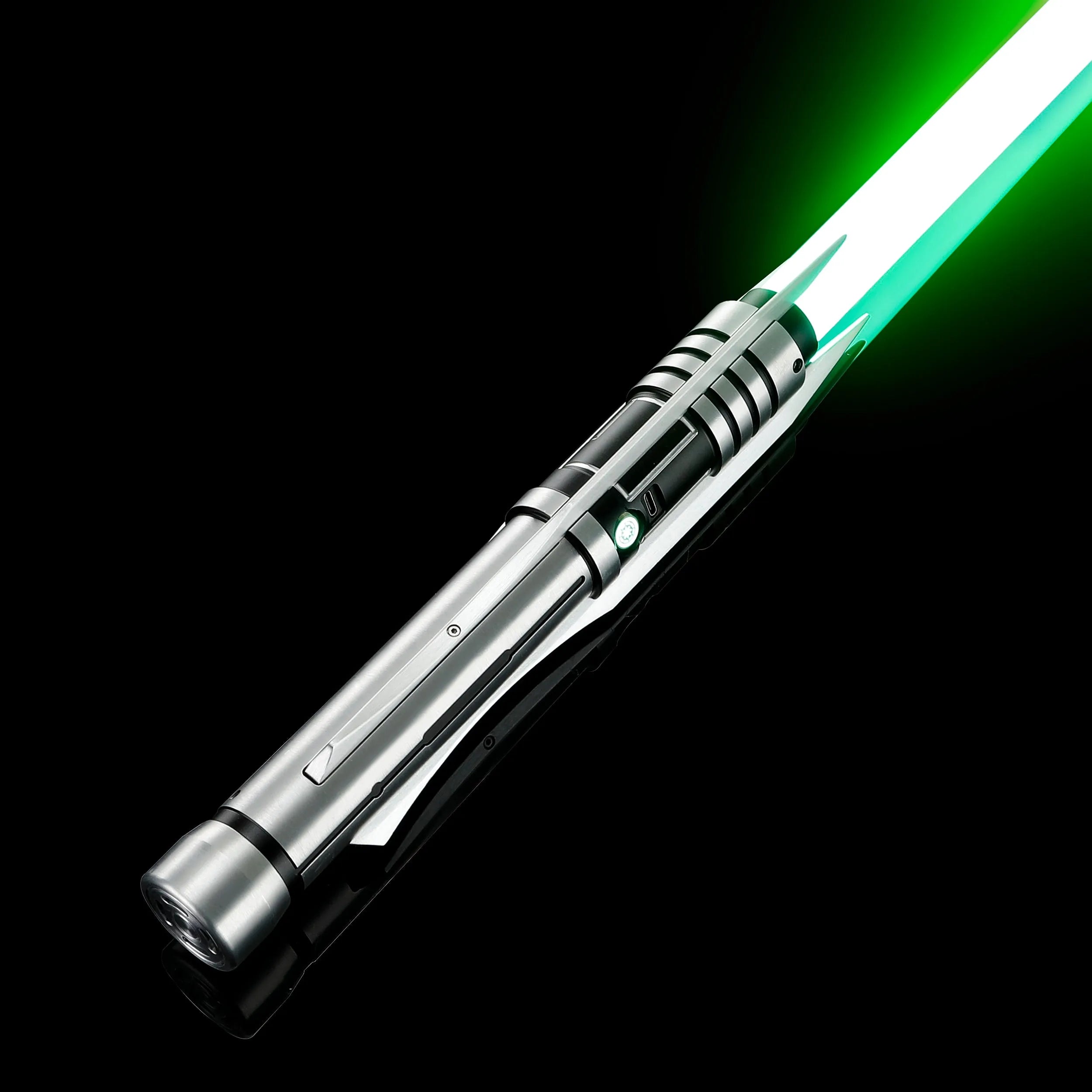 Screen-accurate Jedi Revan saber with a silver grooved T6 Aircraft Aluminum hilt, winged accents, and a green blade.