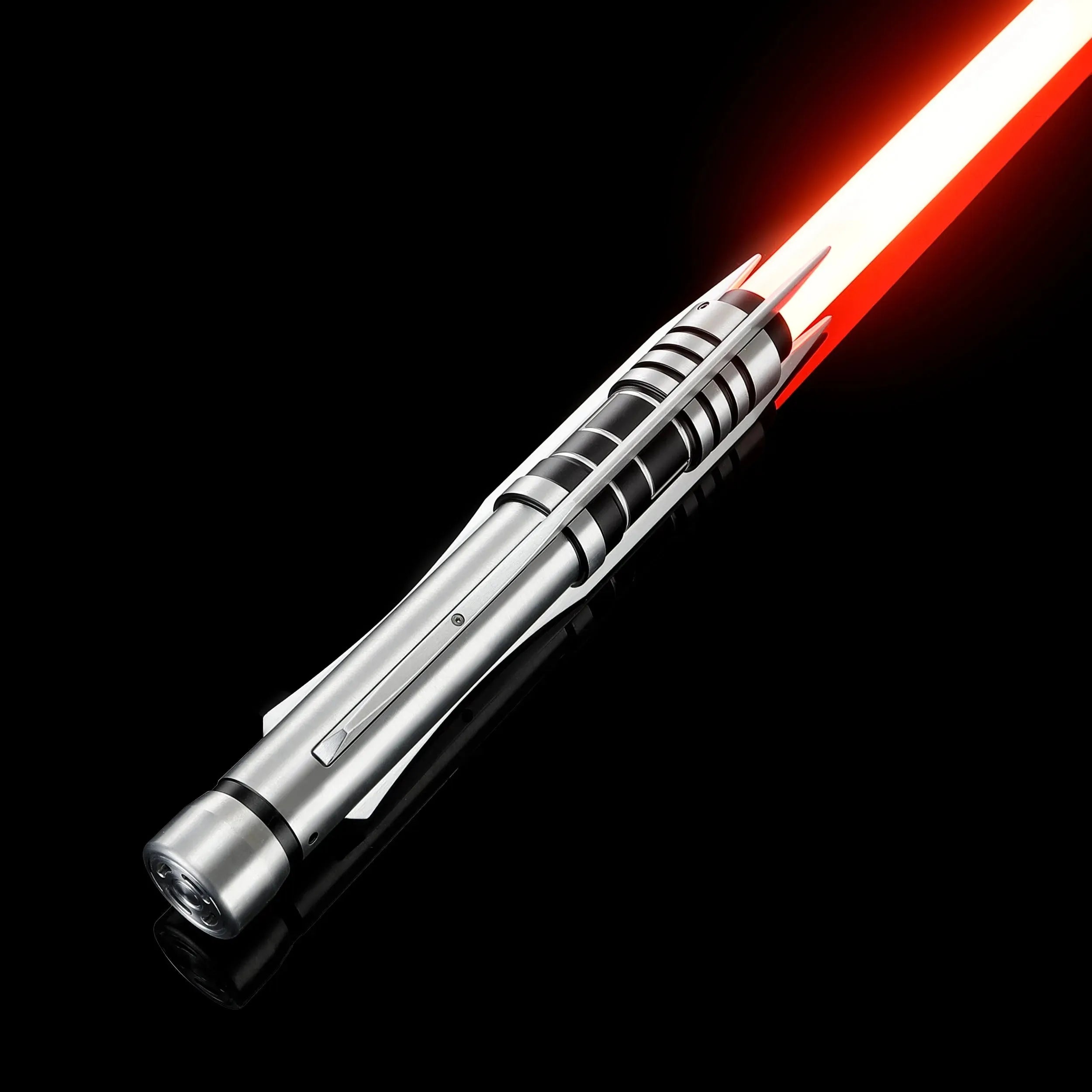 Screen-accurate Jedi Revan saber with a silver grooved T6 Aircraft Aluminum hilt, winged accents, and a bright red blade.