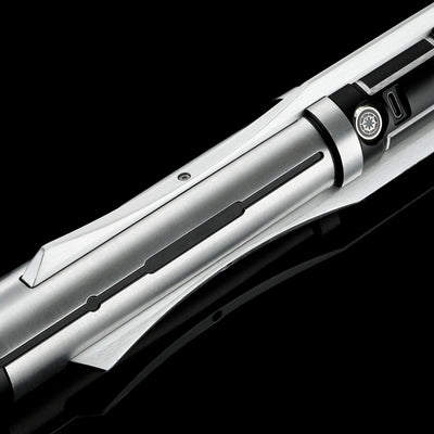 Screen-accurate Jedi Revan saber hilt, silver T6 Aircraft Aluminum with grooved details and winged accents.