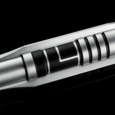 Screen-accurate Jedi Revan saber hilt, silver T6 Aircraft Aluminum with black grooved sections and winged accents.