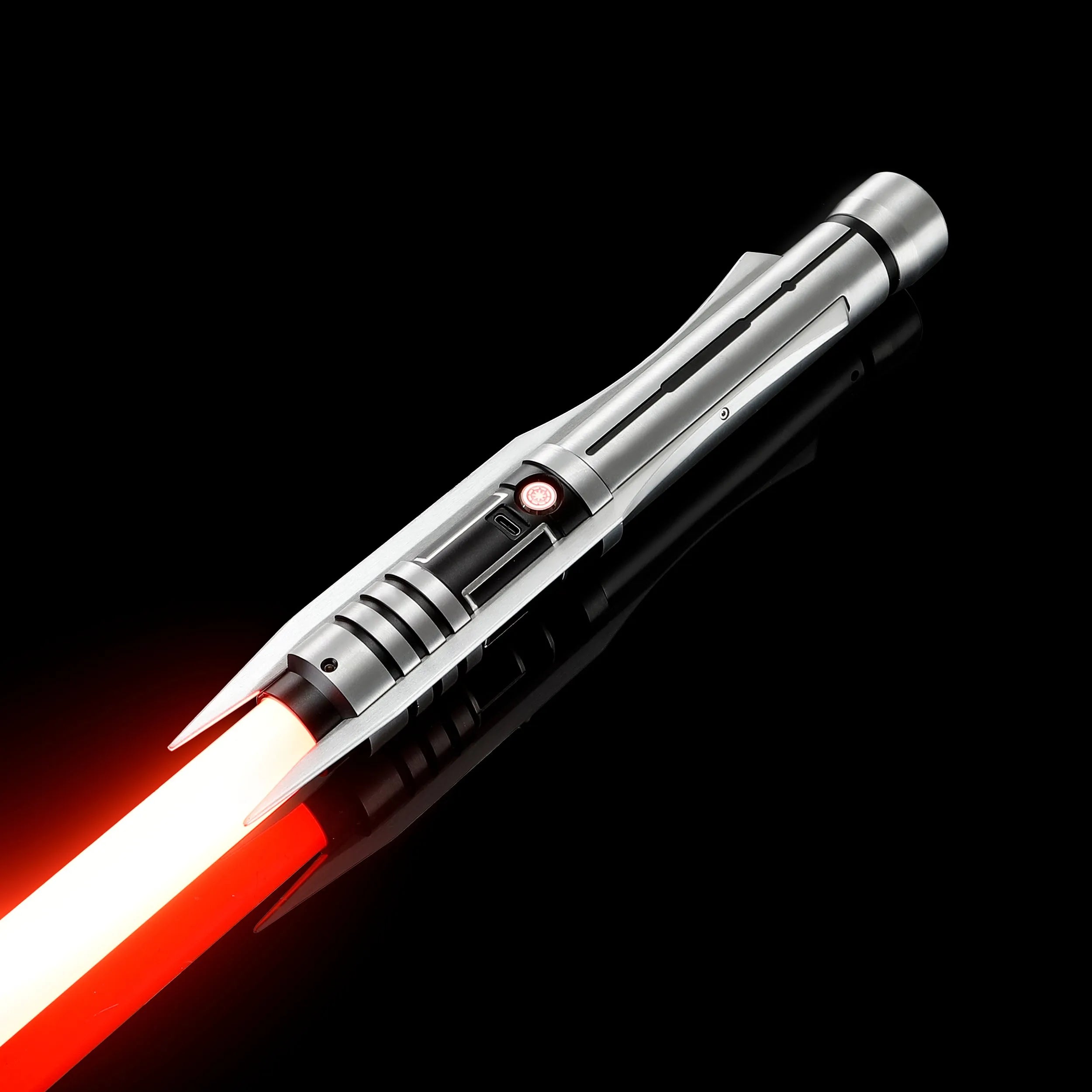 Screen-accurate Jedi Revan saber with a silver T6 Aircraft Aluminum hilt, grooved grip, winged accents, and a red blade.