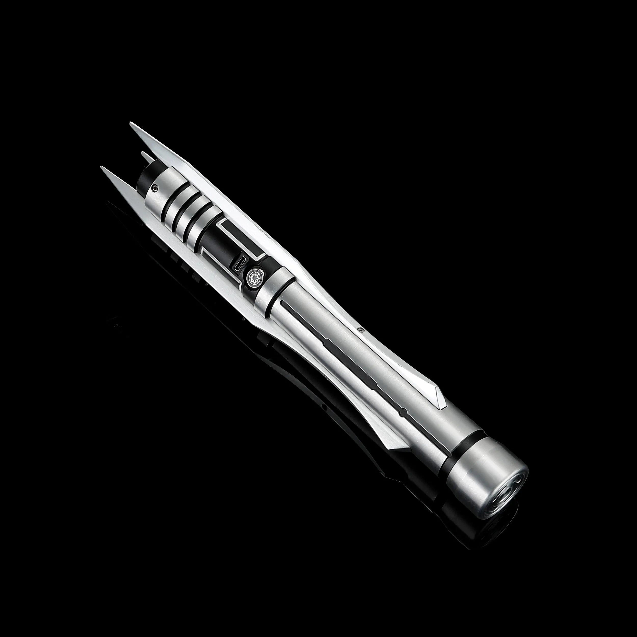 Screen-accurate Jedi Revan lightsaber replica with grooved T6 Aircraft Aluminum hilt and winged accents.