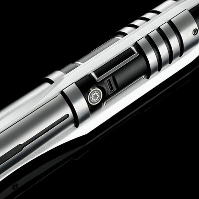 Screen-accurate Jedi Revan saber with grooved T6 Aircraft Aluminum hilt and winged accents.