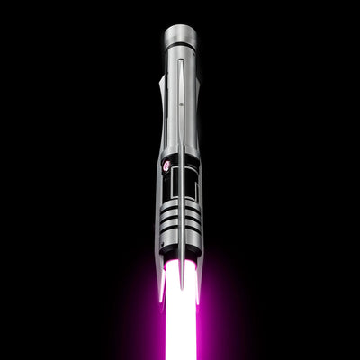Screen accurate Jedi Revan replica saber with a grooved T6 Aircraft Aluminum hilt, winged accents, and a glowing purple blade.