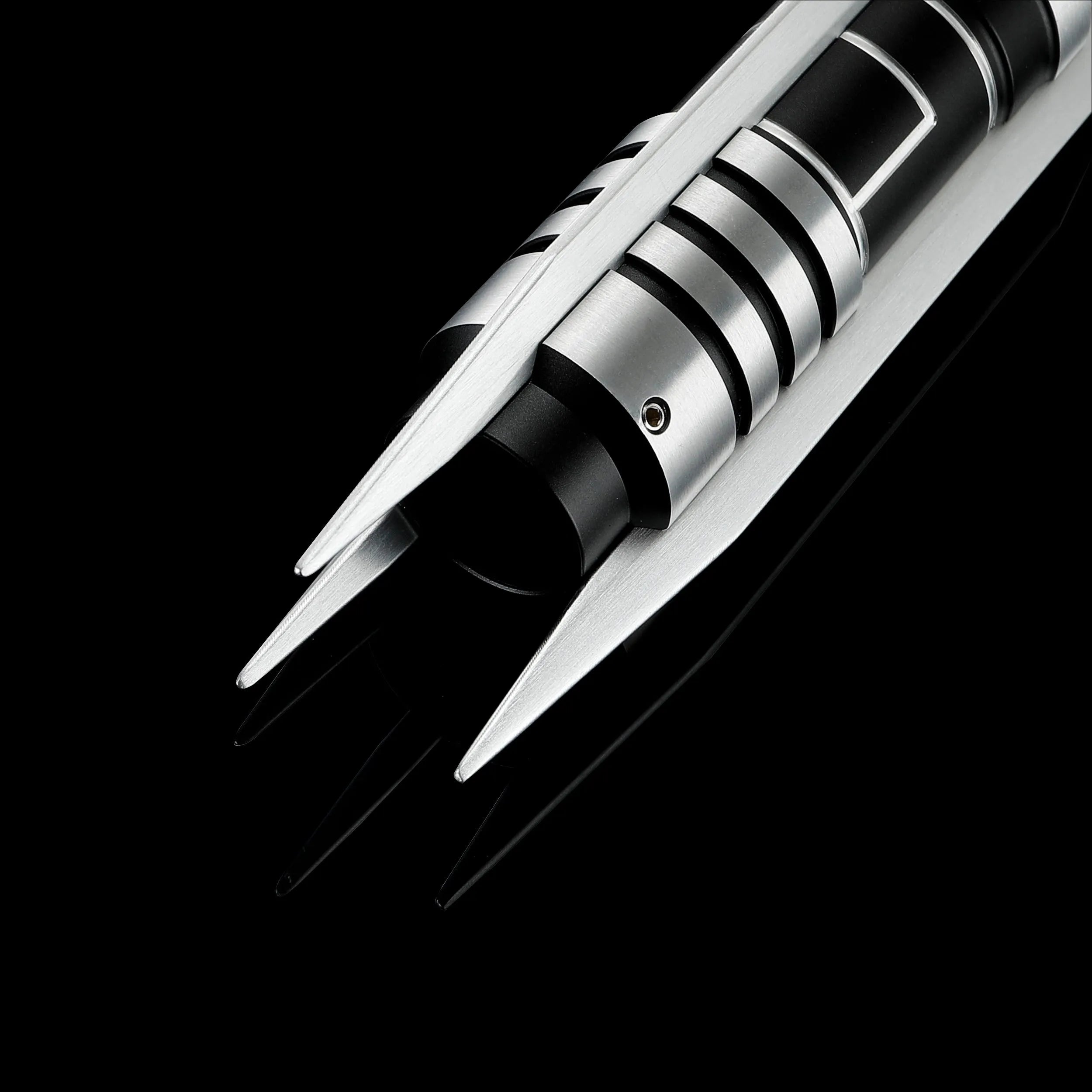 Screen-accurate Jedi Revan saber hilt, black and silver T6 Aircraft Aluminum with grooved grip and winged accents.