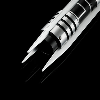 Screen-accurate Jedi Revan saber hilt, black and silver T6 Aircraft Aluminum with grooved grip and winged accents.
