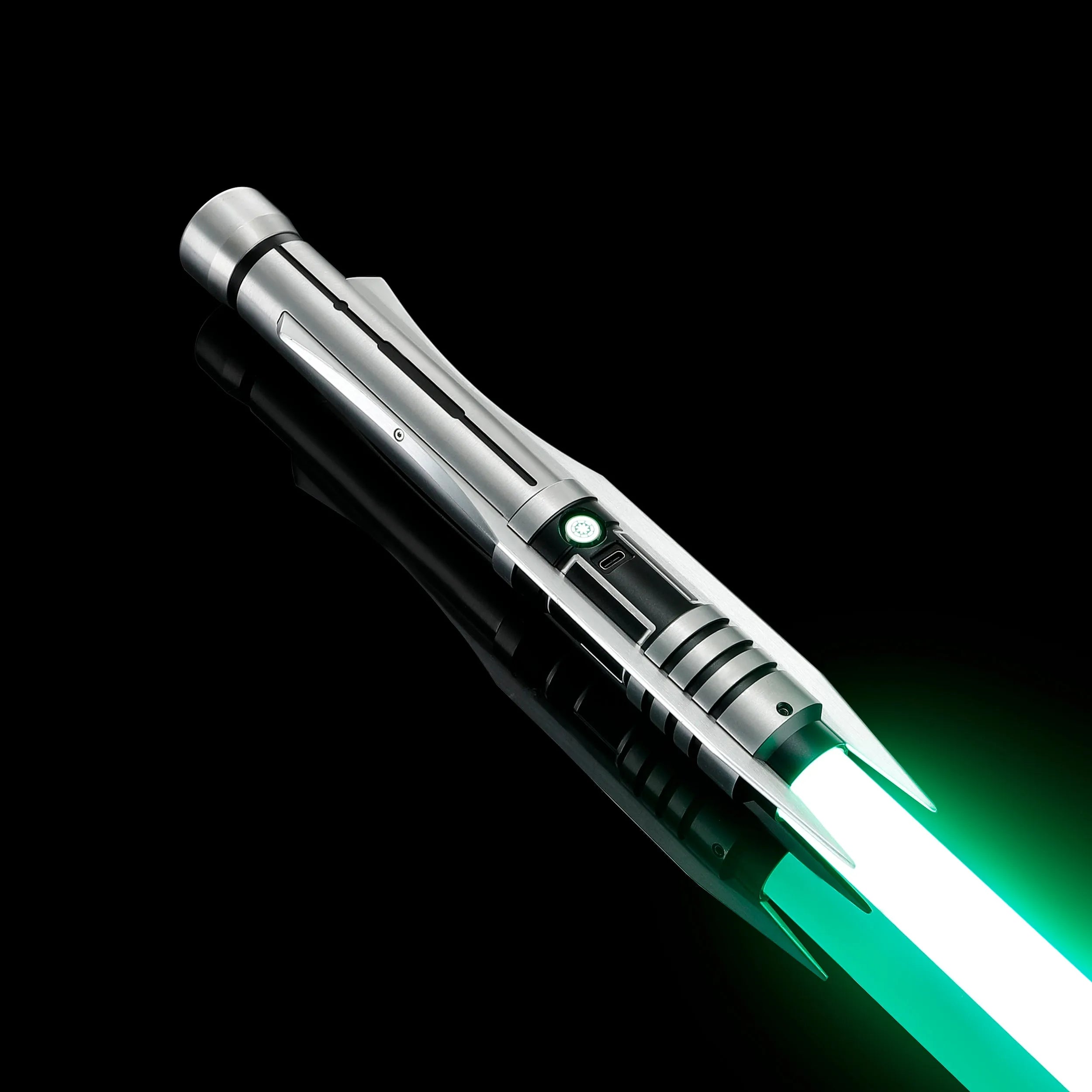 Screen-accurate Jedi Revan replica saber with a grooved T6 Aircraft Aluminum hilt, winged accents, and a glowing green blade.