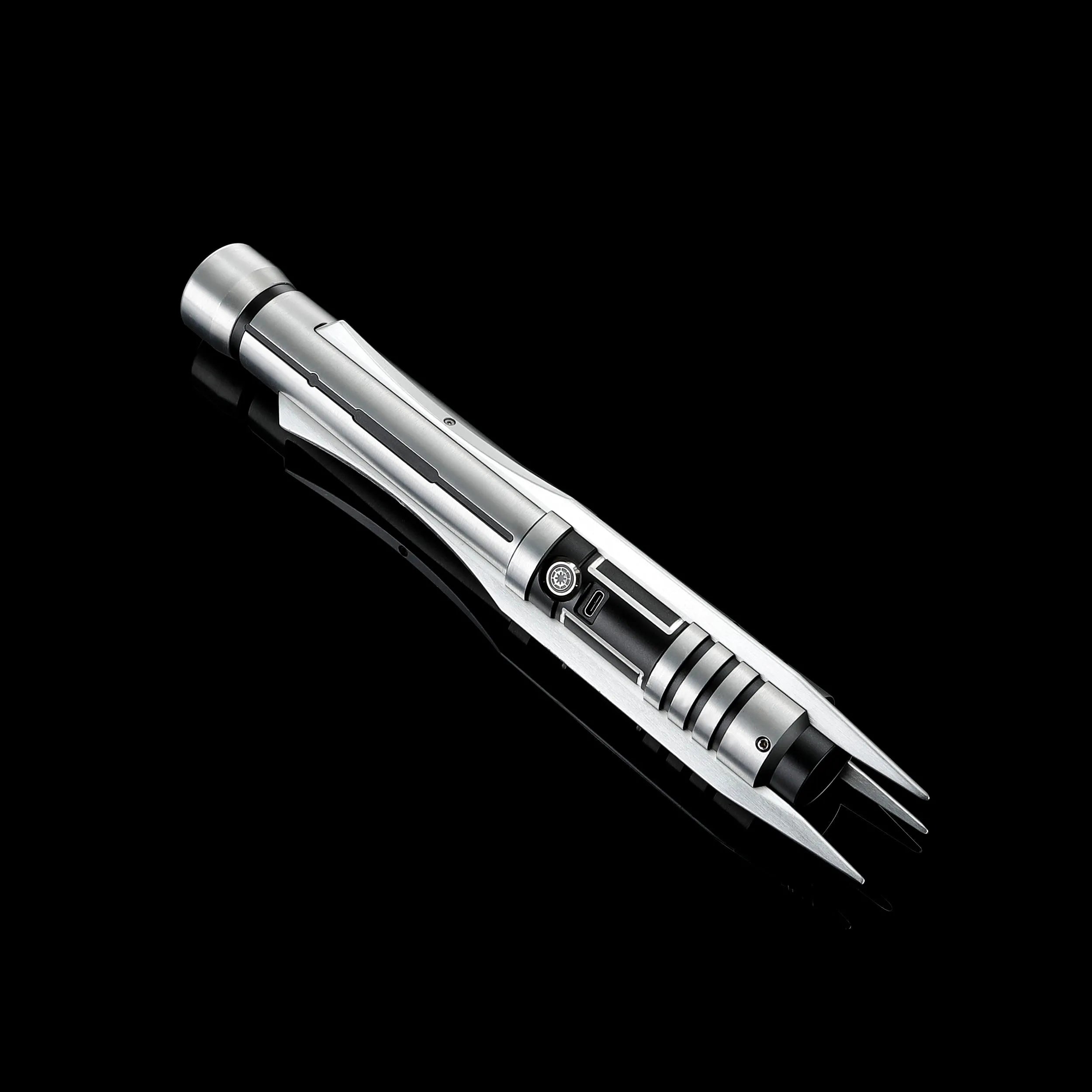 Screen-accurate Jedi Revan lightsaber replica with a grooved T6 Aircraft Aluminum hilt and winged accents.