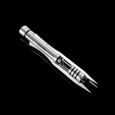 Screen-accurate Jedi Revan lightsaber replica with a grooved T6 Aircraft Aluminum hilt and winged accents.