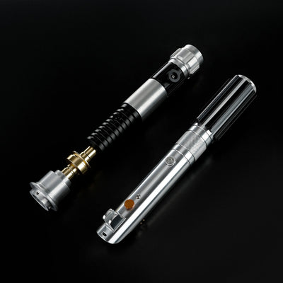 Two Obi-Wan and Anakin aluminum alloy lightsaber hilts with detailed metallic finishes on a black background.