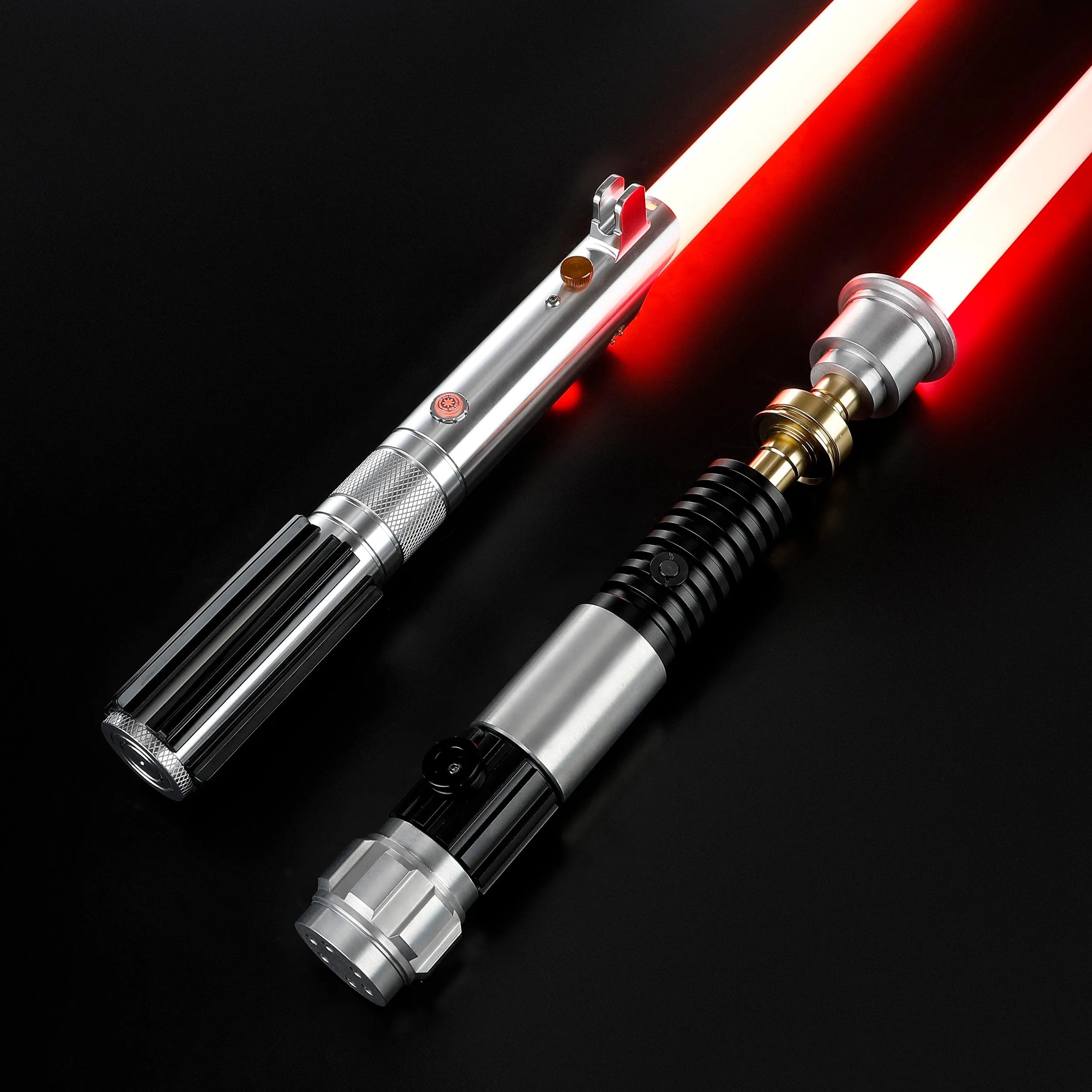 Obi-Wan and Anakin aluminum alloy lightsabers with glowing red blades and detailed metal hilt designs on a black background.