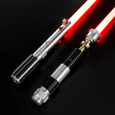 Obi-Wan and Anakin aluminum alloy lightsabers with glowing red blades and detailed metal hilt designs on a black background.