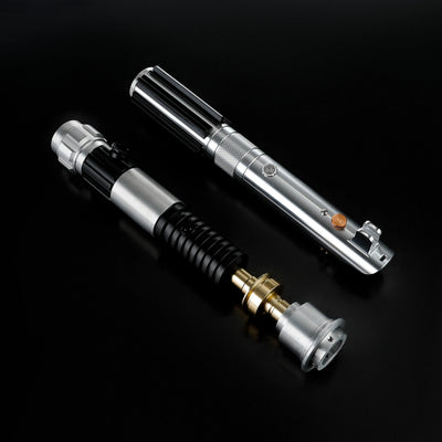 Obi-Ani two-saber bundle featuring two T6 aluminum alloy hilts with detailed metallic finishes on a black background.
