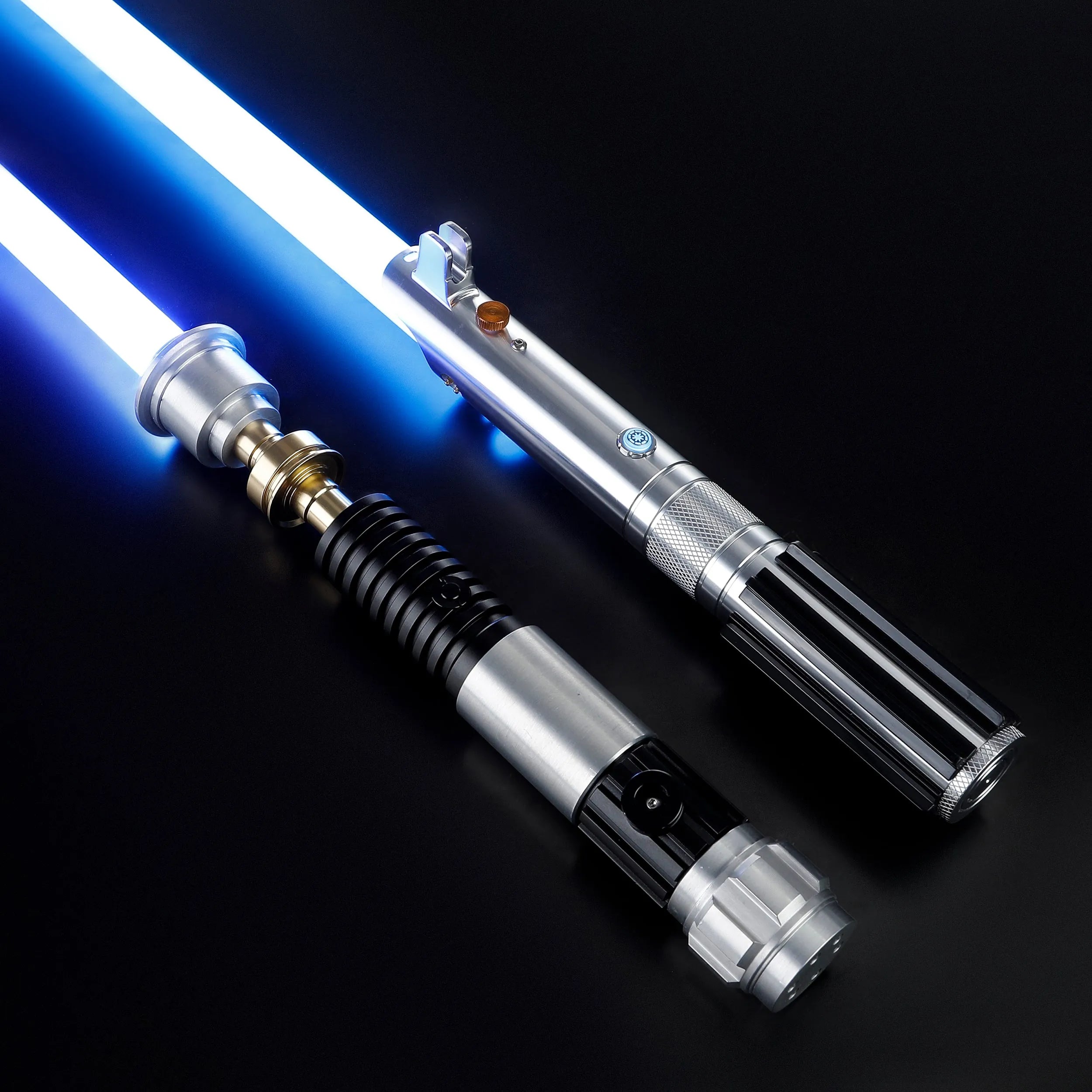 Obi-Wan and Anakin aluminum alloy lightsabers with glowing blue polycarbonate blades on a black background.